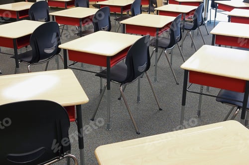 Preview: Classroom Desks and Chairs in Empty School