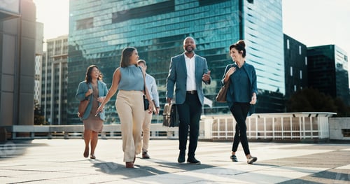 Preview: Professional, walking and business people in city in discussion on morning commute, travel and jour