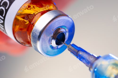 Preview: Medical vial with medication and syringe close up