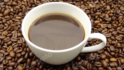 Preview: A cup of black coffee over roasted coffee beans