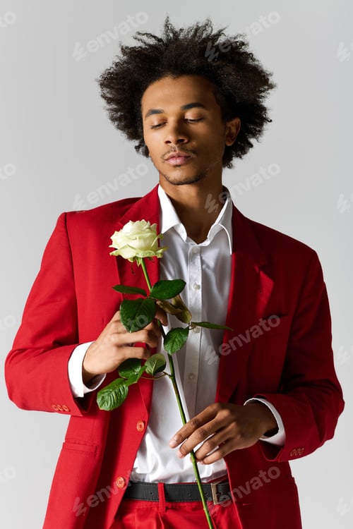 Preview: Young man in elegant red suit holds a white rose with confidence and charm
