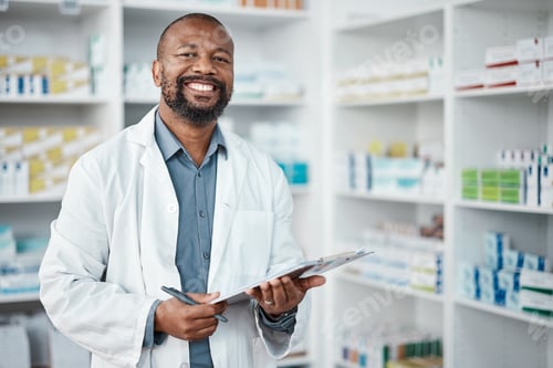 Preview: Pharmacy, portrait and black man with clipboard, medicine and pill prescription. African American m
