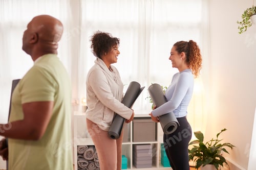 Preview: People In Exercise Clothing Meeting And Chatting Before Fitness Or Yoga Class In Community Center