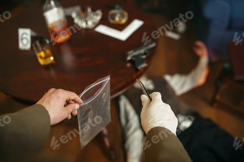 Preview: Male detective with tweezers searches evidence