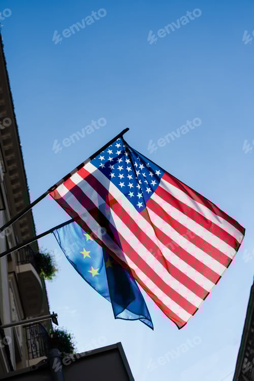 Preview: Embassy building with USA and EU flags displayed