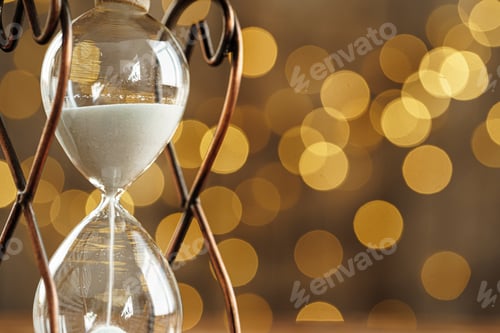 Preview: Hourglass on wooden desk against blurred lights