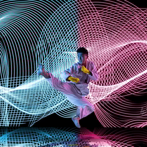 Preview: Creative sport and neon waves on dark neon lighted line background