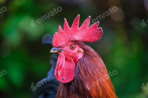 Preview: Portrait of a rooster. Brightly colored crest on the head of a rooster. Blurred background.
