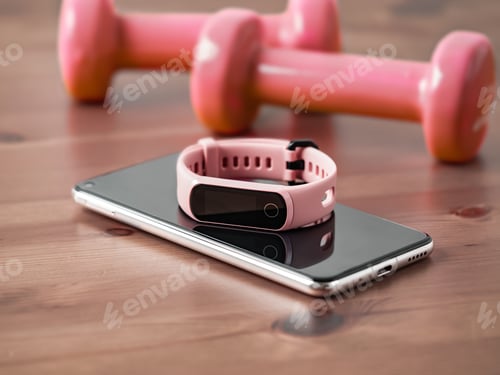 Preview: Fitness tracker on smartphone wooden tabletop