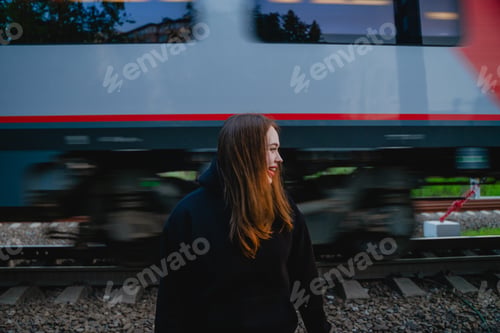 Preview: girl laughing next to a passing train