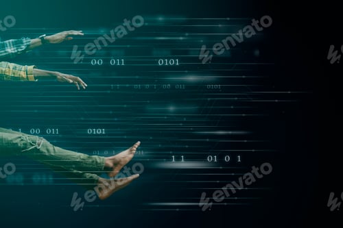 Preview: Black people with their feet in the air on a technology background