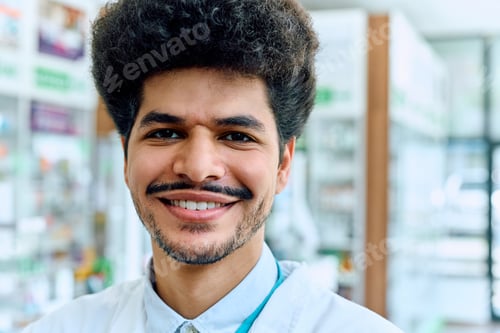 Preview: Close up of happy Muslim pharmacist looking at camera.