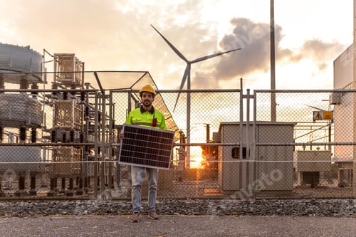 Preview: Professional Man Maintenance engineers working in wind turbine farm at sunset