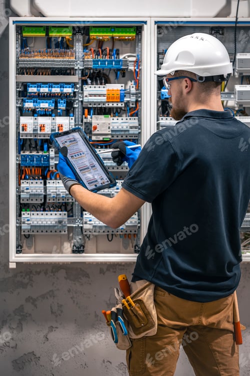 Preview: Electrical technician working in a switchboard with fuses, uses a tablet.