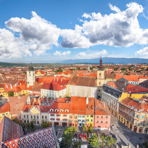 Preview: Amazing View from bell tower of St Mary Cathedral on the Old Town in Sibiu city.