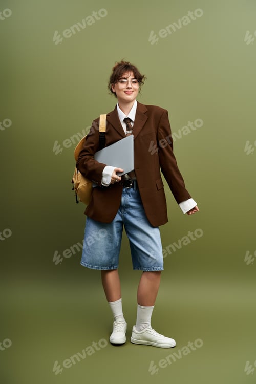Preview: Stylish young woman showcases a unique fashion statement in casual urban setting