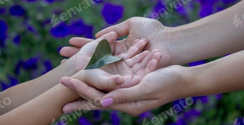 Preview: mother and son hold a green leaf in their hands. Selective focus