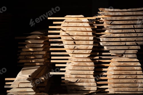 Preview: Stacks of cut boards at the woodworker workshop