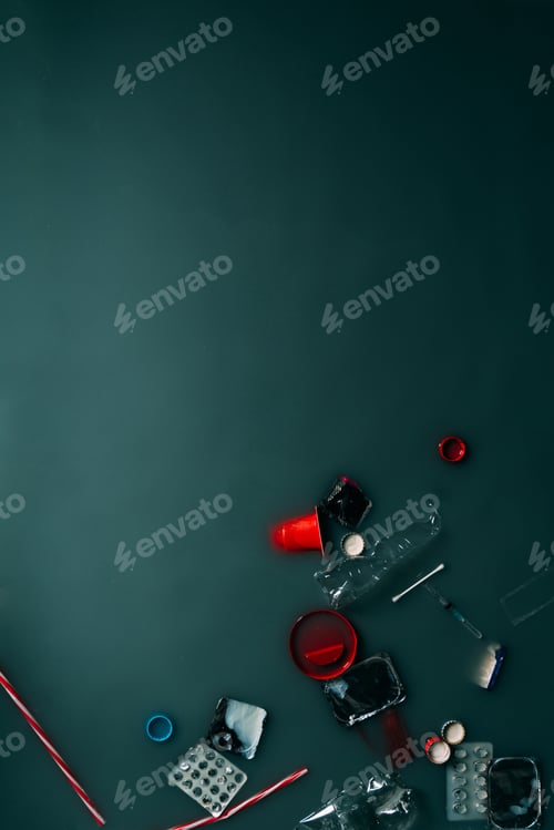 Preview: top view of garbage flowing in water, ecology protection concept