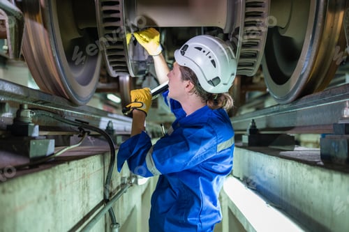 Preview: Maintenance Worker Examining Train Wheels with Torch