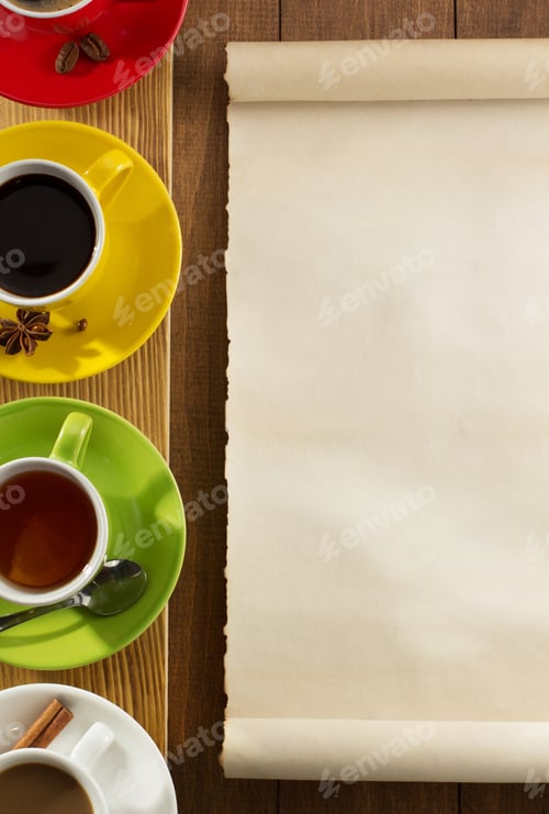 Preview: cup of tea, milk, coffee on wood