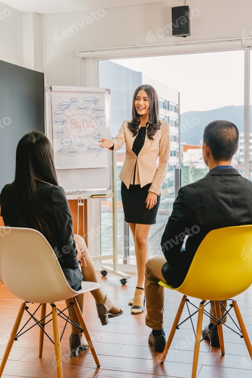Cheerful Woman Presenting Business Concepts to Colleagues