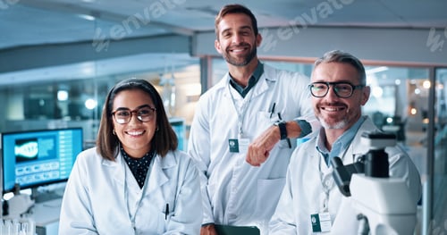 Preview: Collaboration, portrait and science with people in laboratory together for breakthrough or developm