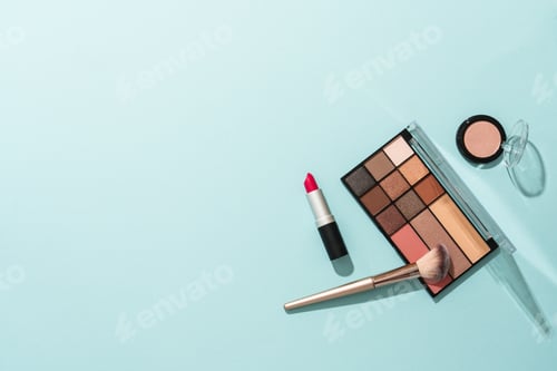 Preview: Make up products on blue background.