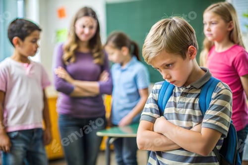 Preview: A boy is standing in front of a group of children, looking down.