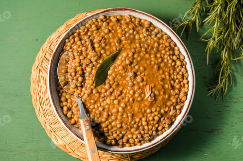 Preview: Fakes soup. Lentil soup with tomato sauce garlic and laurel leaf. Greek food.