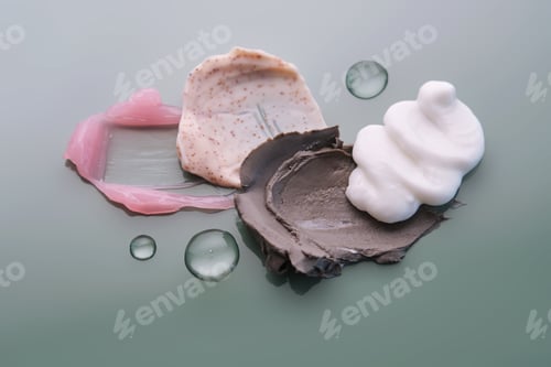 Preview: Textures of different cosmetic products on a green background.