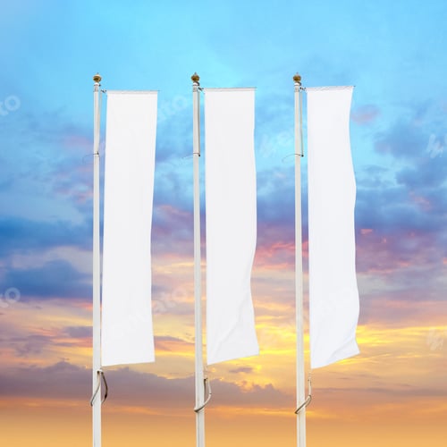 Preview: Three blank white corporate flags with sunset sky background
