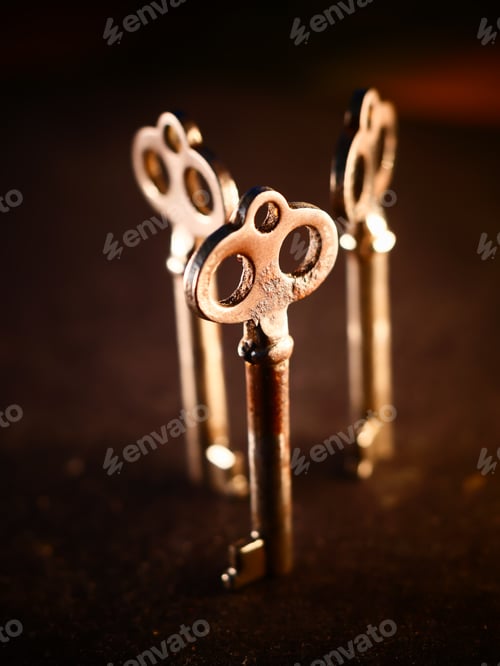 Preview: Vertical shot of golden keys for a door on a blurred background