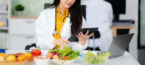 Preview: Doctors sharing fresh vegetables, promoting health and nutrition. Ideal for wellness, healthcare,