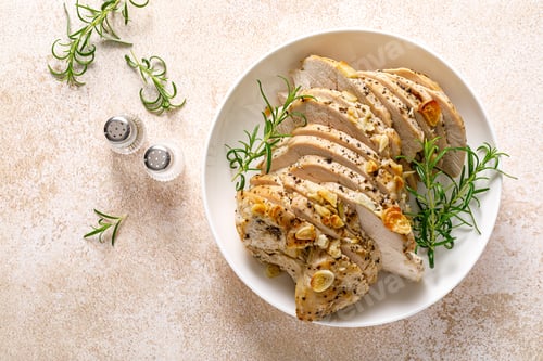 Preview: Turkey meat fillet baked with garlic, rosemary and spices. Top view