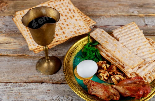 Preview: Close up of concept jewish holiday passover matzot and tallit bread on the Jewish holiday.