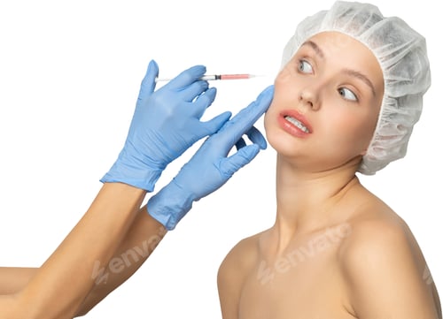 Preview: a woman getting a injection from a doctor in blue gloves