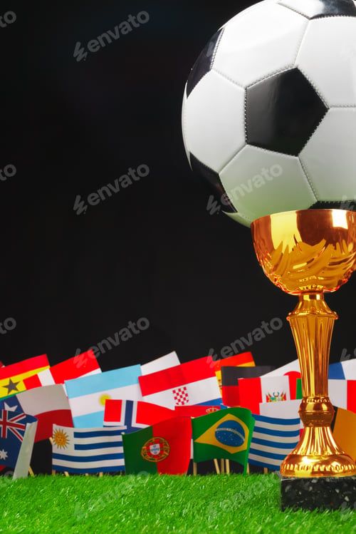 Preview: Exciting soccer trophy with flags representing different nations on display