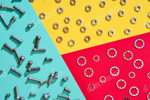 Preview: Colorful geometric hardware layout with nuts bolts and washers