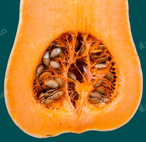 Preview: Ripe orange pumpkin cut in half on a green surface