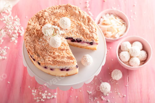Preview: Berry Cake with Coconut Candies on Pink Surface