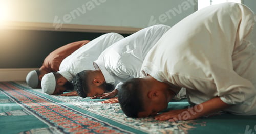 Preview: Muslim, praying and men in a Mosque for spiritual religion together as a group to worship Allah in