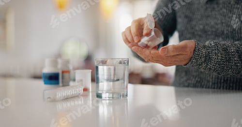 Preview: Old man, hands and pill jar in home, arthritis treatment and water for antibiotics or drugs. Male p