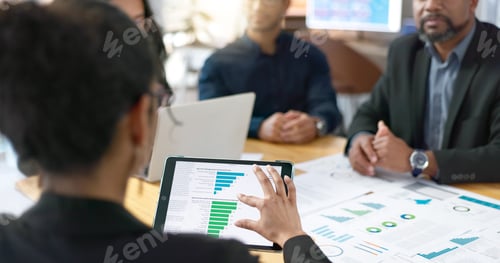 Preview: People, meeting and tablet screen of data analytics, graphs and statistics in finance, business or