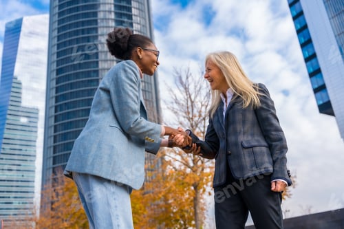 Preview: Multi-ethnic businesswomen and executives, smiling and greeting by shaking hands in a business park
