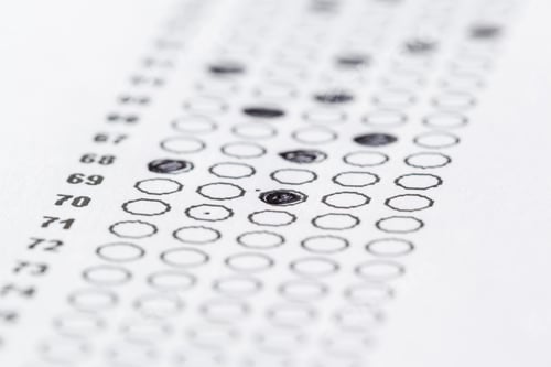Preview: Test sheet showing marked answers with filled in circles at an educational setting