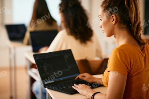 Preview: Female student learning coding on laptop during computer class at high school.