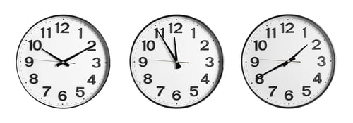 Preview: Stylish clock showing different time on white background, collage design