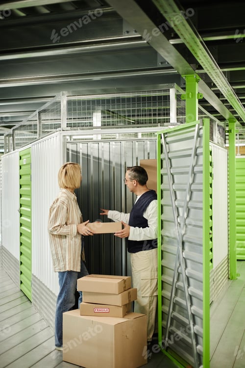 Preview: Caucasian Woman and Man Organizing Boxes in Storage Unit