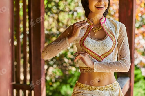 Preview: cropped view of indian woman in elegant and traditional attire smiling and dancing in park in summer